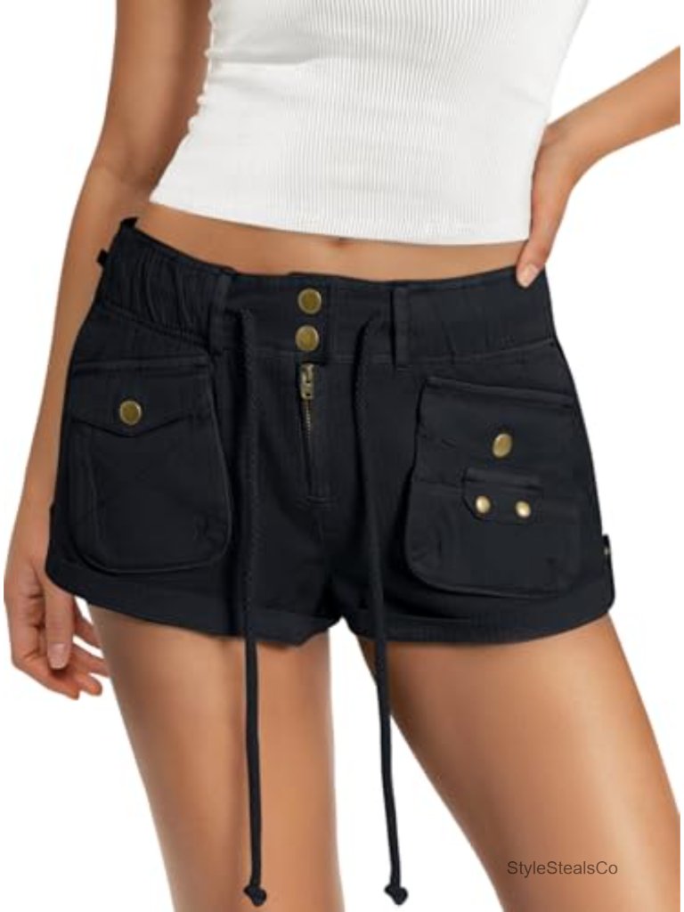 Y2k Low Rise Cargo Shorts Drawstring Utility Pockets Zipper-Up